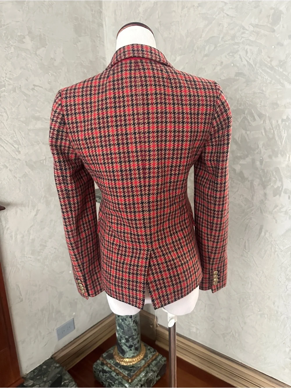 J.Crew Schoolboy Wool Blazer Red Houndstooth Pattern and Gold buttons